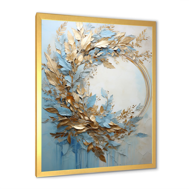 Couronne de fleurs bleue et dorée - salon d'art mural, Cadre doré simple, H 32 po x l 24 po