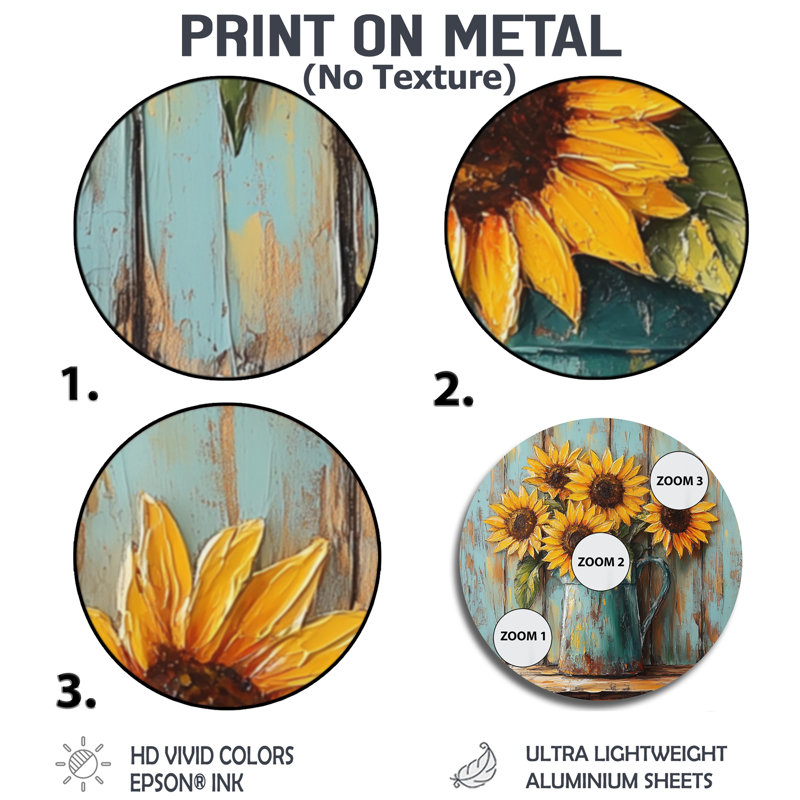 Tournesols dans un pichet en émail, L 23 po x H 23 po