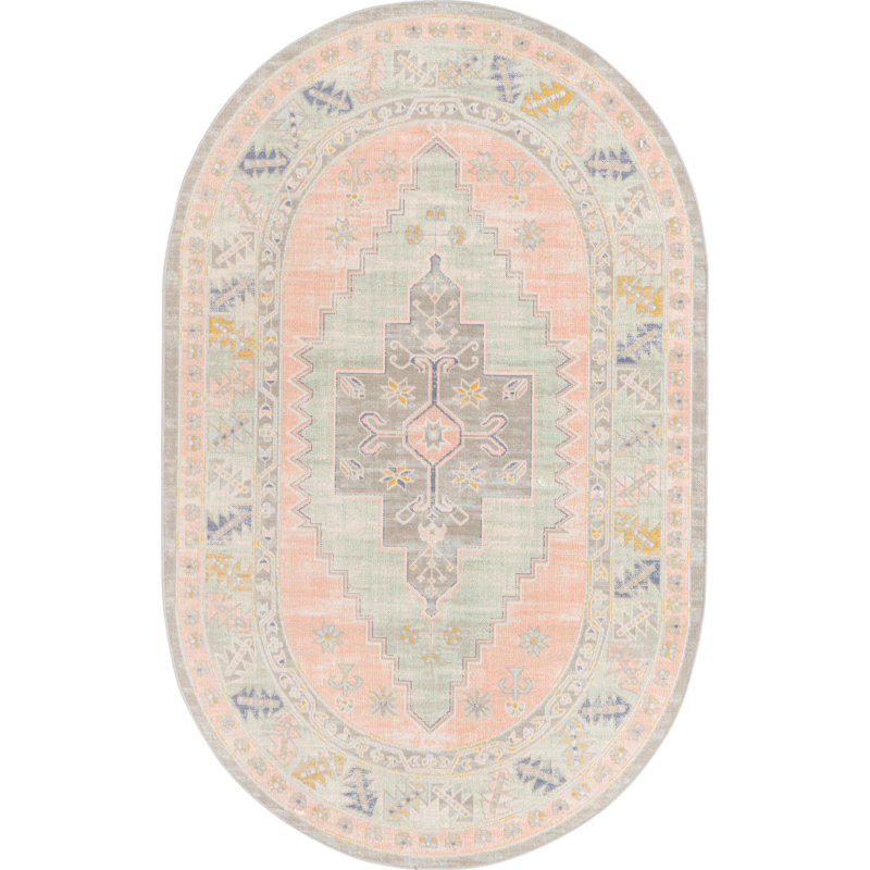 Tapis traditionnel Matthei pêche / vert / bleu, Ovale 5 pi x 8 pi