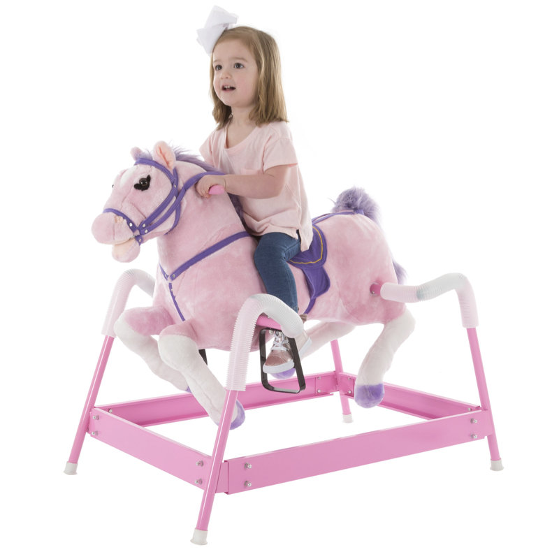 Spring Rocking Horse - Plush Bouncy Ride-On Toy with Fun Sounds, Wood Handles, and Adjustable Stirrups for Kids Ages 3 to 6 by Happy Trails