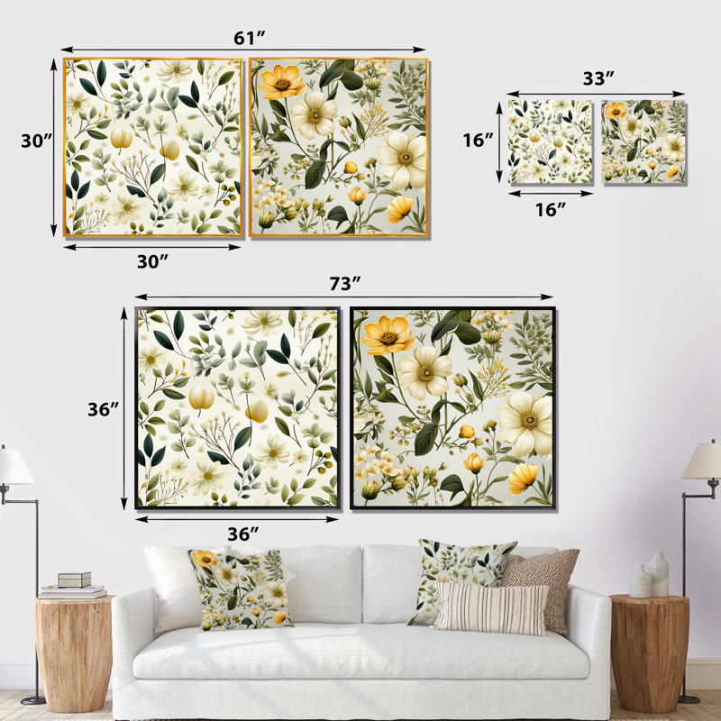 «Cheve - Abstract Botanicals», ensemble de 2 reproductions d'art sur toile, Cadre flottant doré, H 16 po x l 33 po x P 1 po