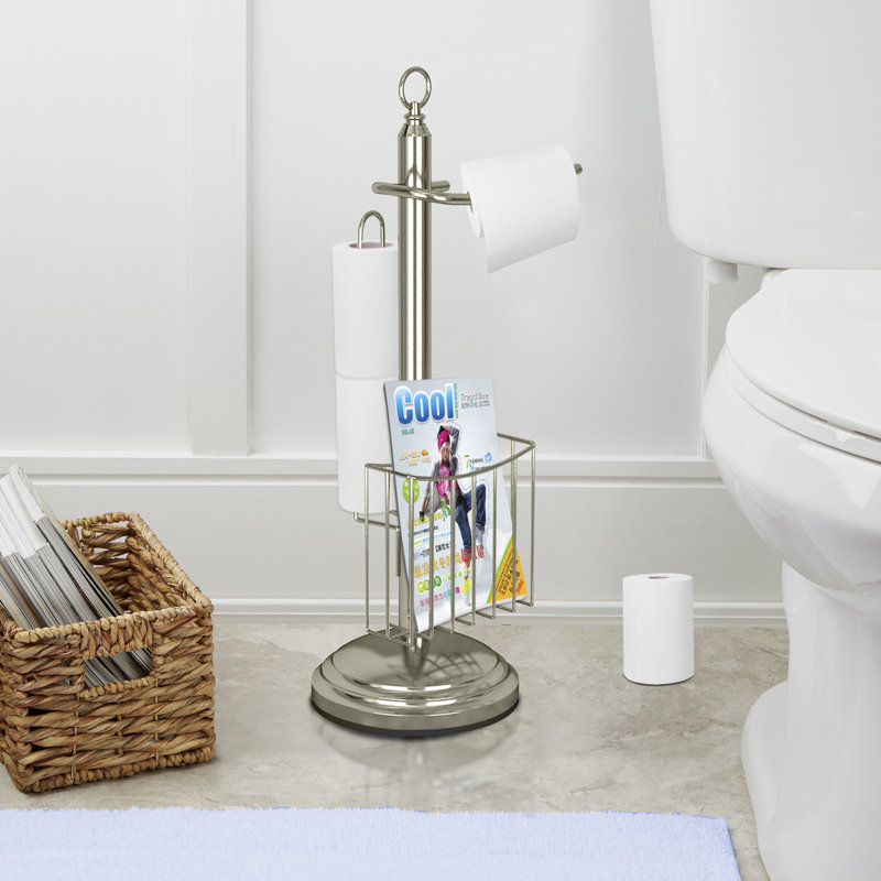 Porte-papier hygiénique sur pied avec rangement, Nickel satiné