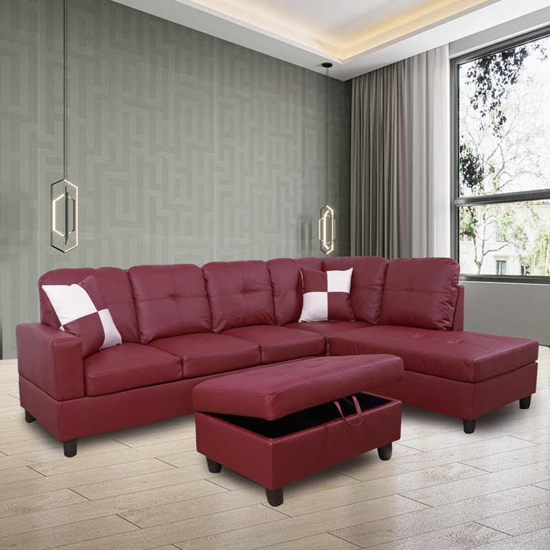 Ensemble de salon modulaire en similicuir 3 pièces Elsiana, Accoudoir à droite (vu de face), Similicuir rouge