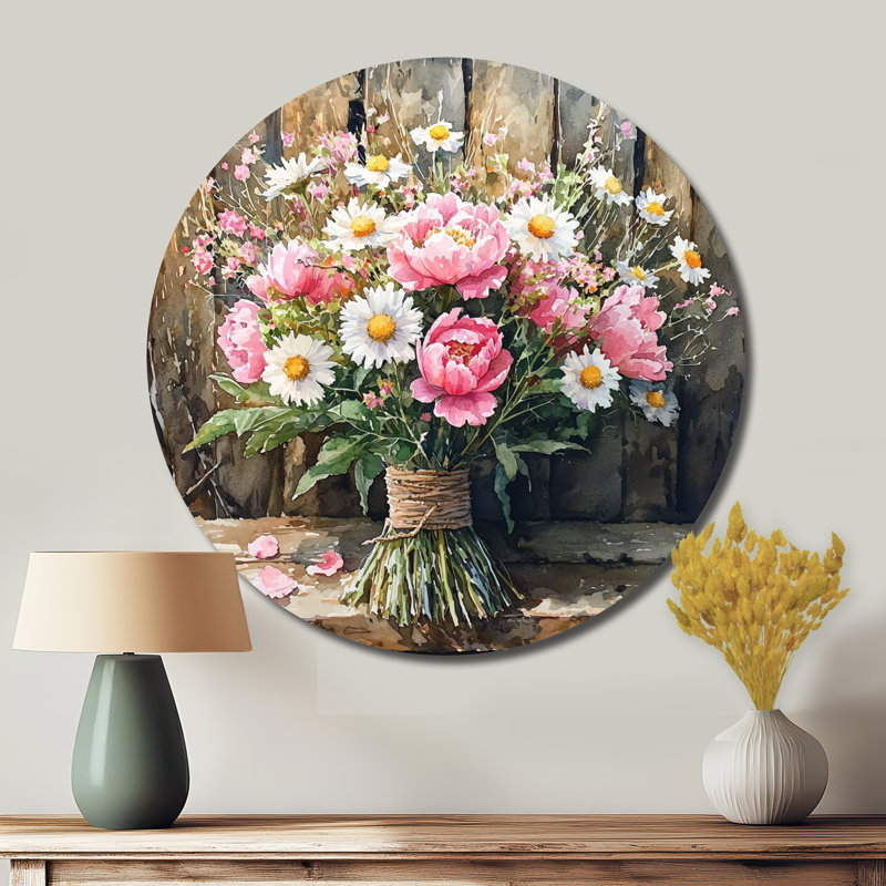 «Rustic Romance Wildflowers Bouquet I», reproduction d'art en métal rose traditionnel, H 16 po x l 16 po