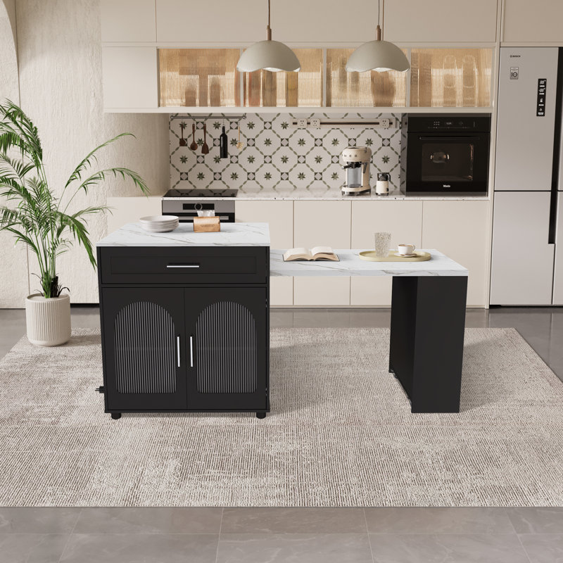 80.7" L  Kitchen Island With Expandable Dining Table （Without Dining Chairs), Black