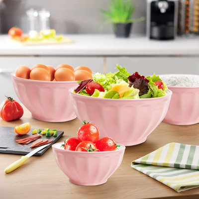 Ensemble de bols à mélanger avec couvercles, 4 grands bols gigognes en plastique, comprend 4 bols à micro-ondes et un fouet à œufs pour la cuisine, la cuisson, la cuisson des aliments, le rose