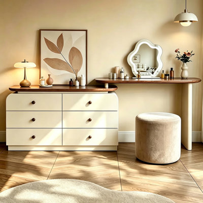 47.24" modern cream-colored vanity table, extendable to 94.48", with 6 drawers, L-shaped solid wood vanity set with a rotating tabletop