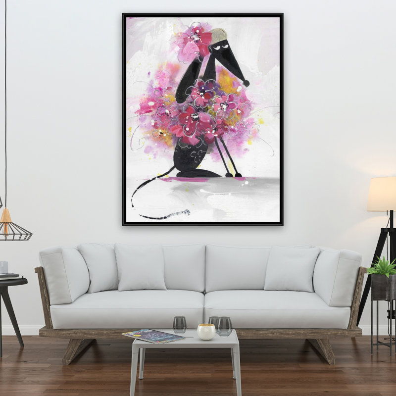 Dessin de chien avec fleurs roses
