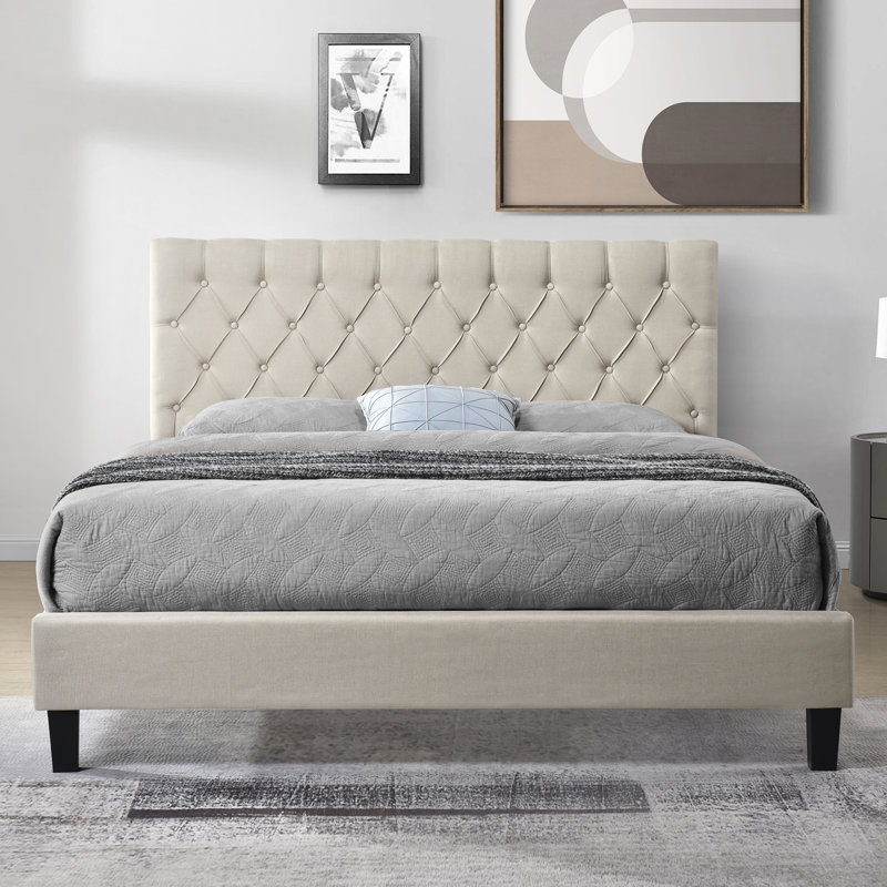Lit plateforme tapissier touffeté, Complète, gris