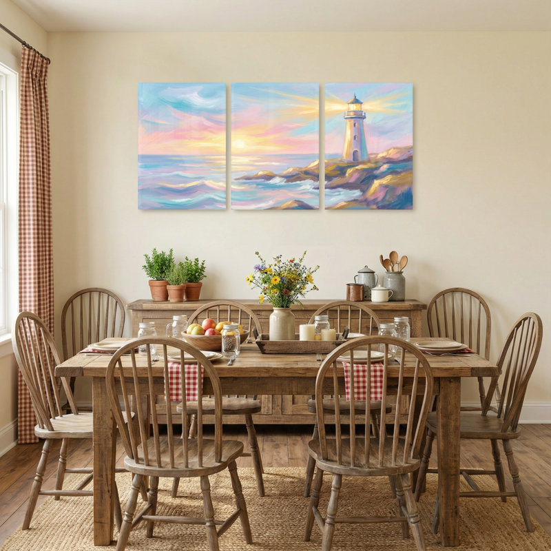 Abstrait coucher de soleil phare océan vagues ciel reflets côte rocheuse ensemble de 3 impressions d'art sur toile
