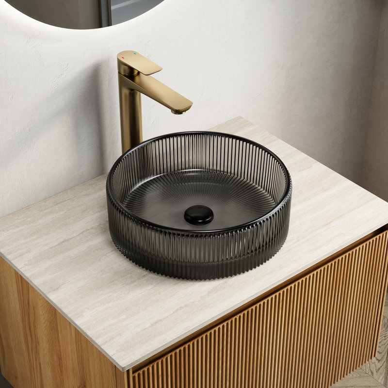 Transparent Black Round Crystal Glass Bathroom Sink Without Faucet, 14.26*4.58Inch Size, Suits Different , Clean And Tidy Look, Recommended Faucet Drain Stopper 14'' Sink, Artistic Stripes Beautify,