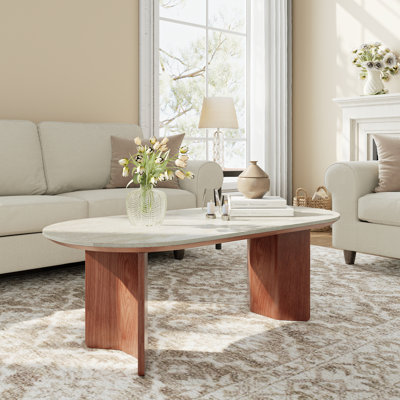 Table basse ovale en travertin, plateau en pierre naturelle écologique avec pieds en bois massif - Table polyvalente résistante aux éclaboussures pour les petits salons, adaptée aux enfants et aux animaux