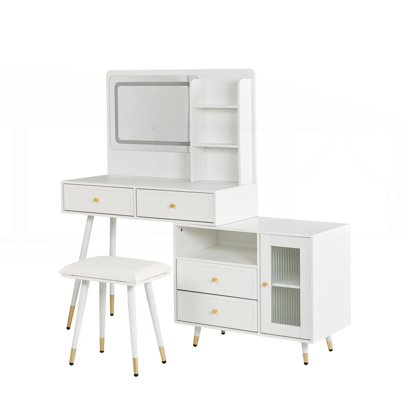 Meuble-lavabo moderne avec miroir et lumières, coiffeuse rétractable avec tiroirs et armoire, ensemble de table de maquillage compact avec prise de courant pour chambre à coucher