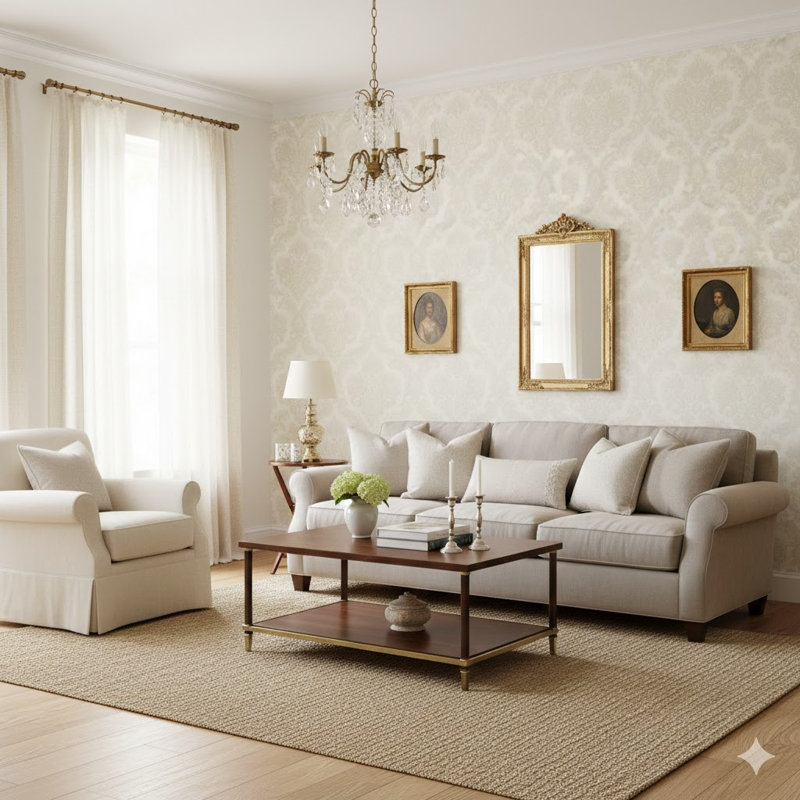 Ornamenta Collection Floral Damask Wallpaper Roll, Cream