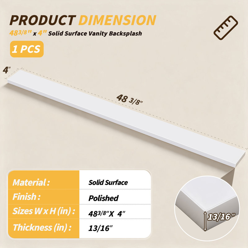 48'' W X 4'' H Solid Surface White Backsplash Polished Rectangular Vanity Top Back Splash for Vanity Sink, Window Sill, Door Transitions