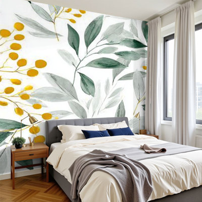 Peel and Stick Wallpaper watercolor gold leaf foliage seamless Wall Murals 100"H x 144"W Removable PVC Wall Paper Self-Adhesive Wall Decor for Bedroom Living Room Home Office