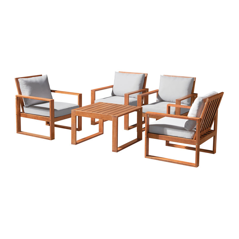 Weston 5Pc Outdoor Set Solid Eucalyptus Wood, 4 Chairs with Cushions and 1 Cocktail Table
