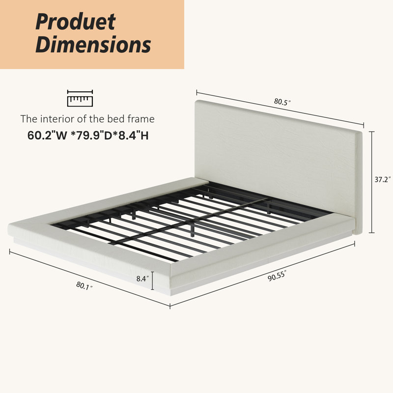 Cadre de lit flottant pour grand lit moderne avec tête de lit rembourrée, base de lattes en métal à profil bas, cadre rembourré anti-collision, aucun sommier requis pour la chambre à coucher