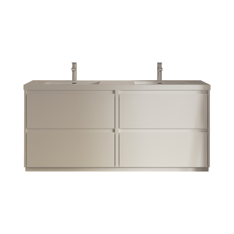 Ensemble de meuble-lavabo autoportant double 72 po avec plateau en pierre blanc brillant et 4 tiroirs 72 po, 72"
