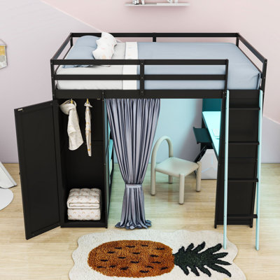 Lit mezzanine avec bureau, garde-robe, tablettes, rideaux occultants et lumières RVB