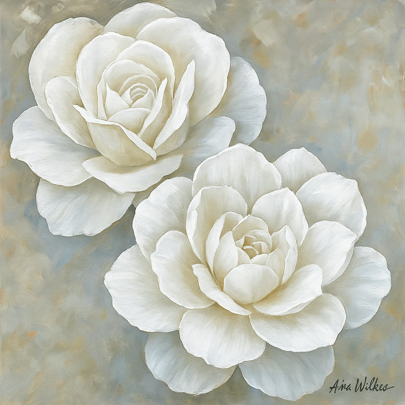 «Graceful Duet» - Art mural sur toile à motif floral rose blanche, H 30 po x l 30 po