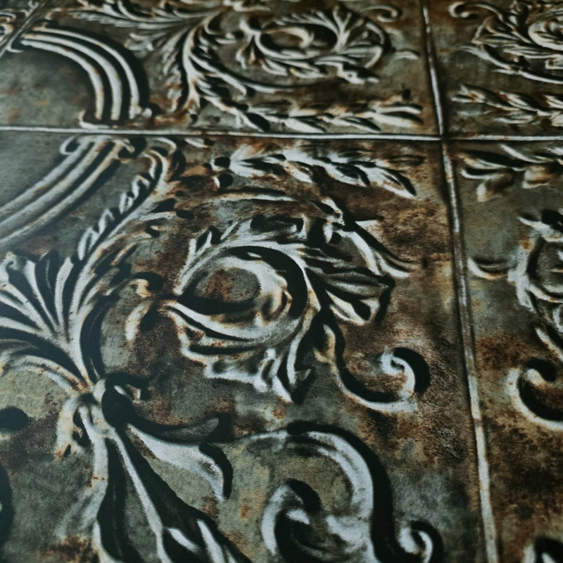 Olive Green Brown Rusted Reflection Distressed Antique Tile Scrollwork Wallpaper, Walnut