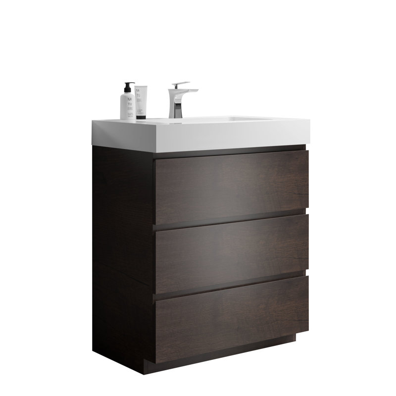 Meuble-lavabo de 30 po en noyer avec lavabo - Design moderne, rangement spacieux, lavabo blanc, noyer, option d'organisation, système de tiroir