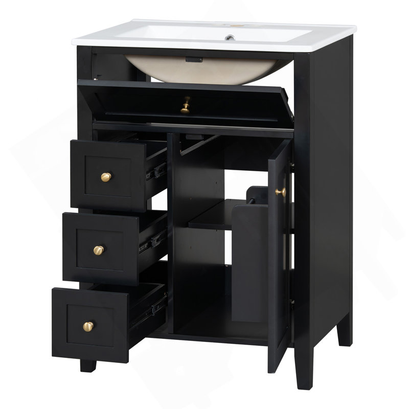 Meuble-lavabo noir de 24 po avec lavabo, panneau de fibres à densité moyenne et bois d'hévéa, 3 tiroirs et armoire avec tablettes réglables, conception moderne pour les petites et moyennes salles de bain