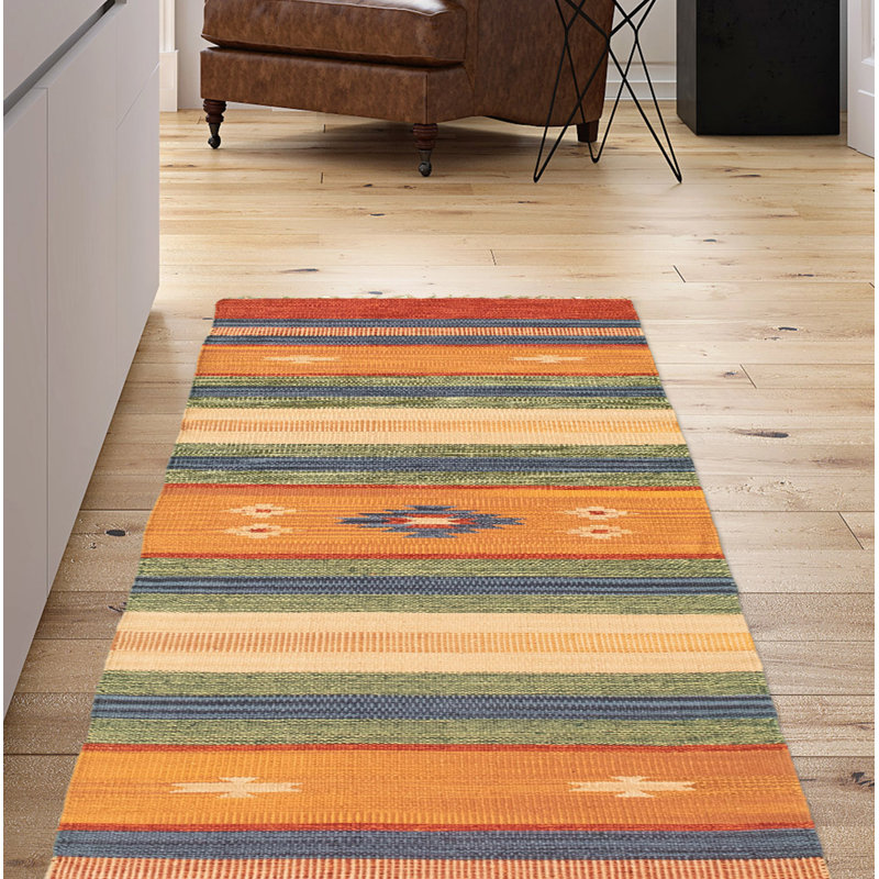 Tapis de couloir oriental en laine Kilim fabriqué à la main cuivre / vert / beige
