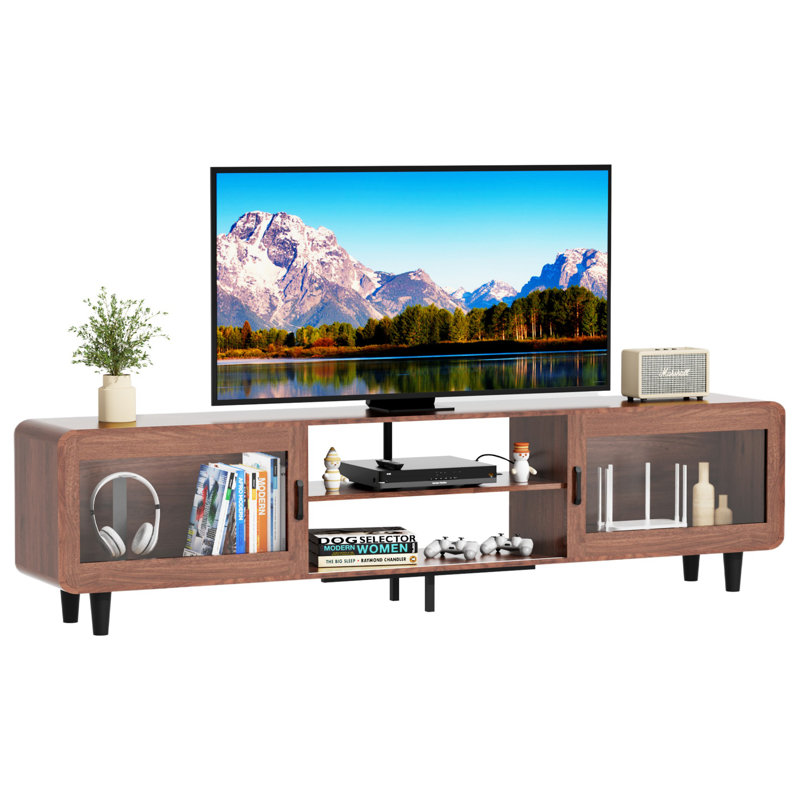 Walnut Mid-Century Modern TV Stand with Glass Doors