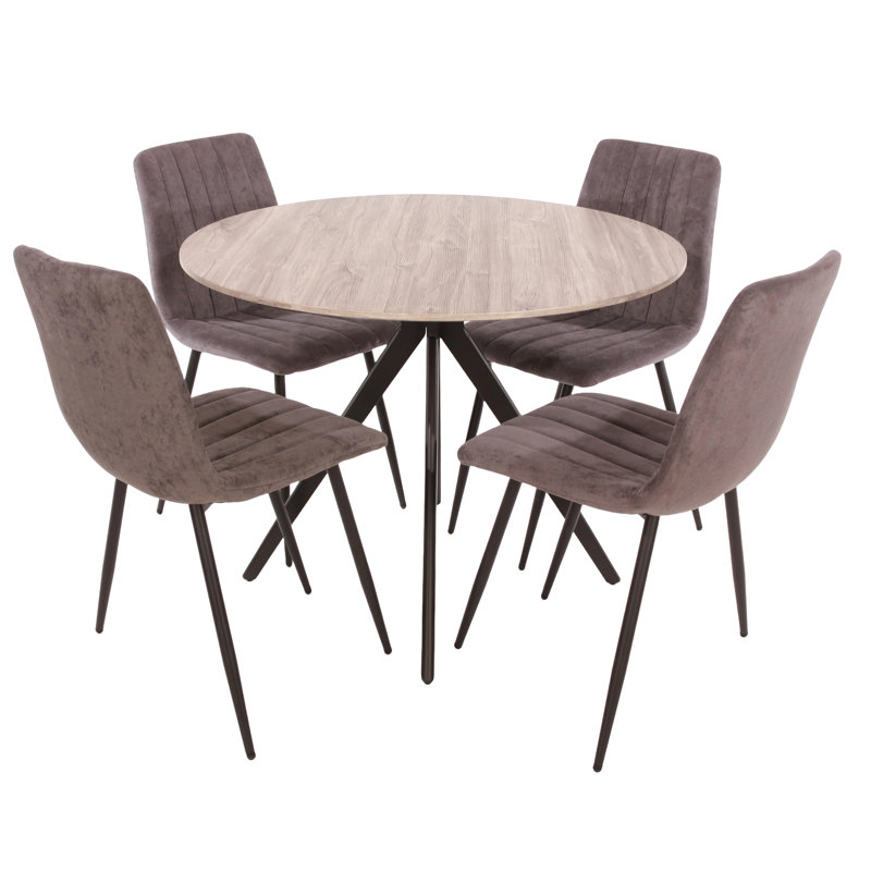 Huetter aspen 1000mm oak foiled round table & 4 fabric chair Set, Grey, Grey Oak