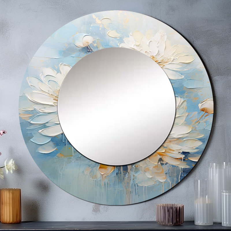 «Rhina White and Blue Chrysanthemums Painted Ink I», miroir mural blanc, art décoratif imprimé, 23 po x 23 po