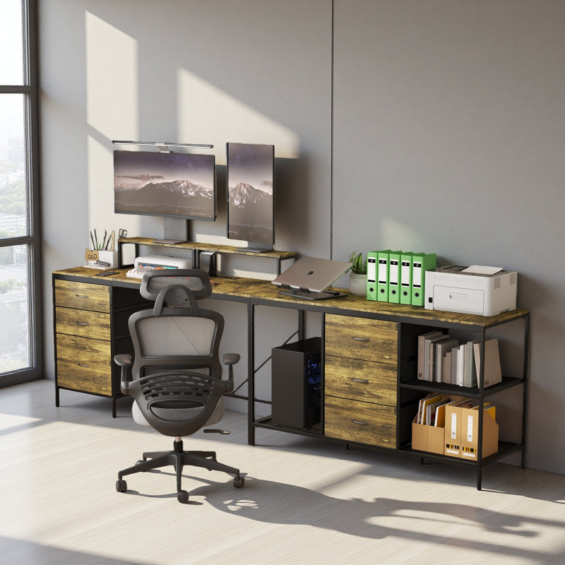 114" L-Shaped Desk With Power Hub, Industrial Gaming Desk - 6 Drawers, Removable Monitor Stand, Home Office