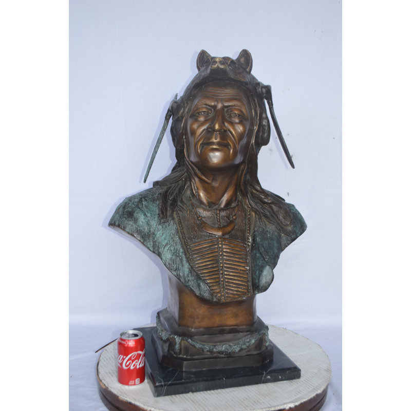 Bronze Indian Tribe Leader Bust Statue with Green Patina Finish