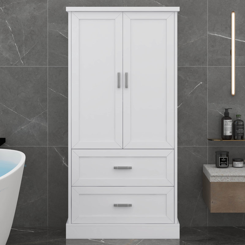 Tall Storage Cabinet, Bathroom Floor Freestanding Storage Cabinet With 2 Doors, 2 Drawers, And Adjustable Shelf, White