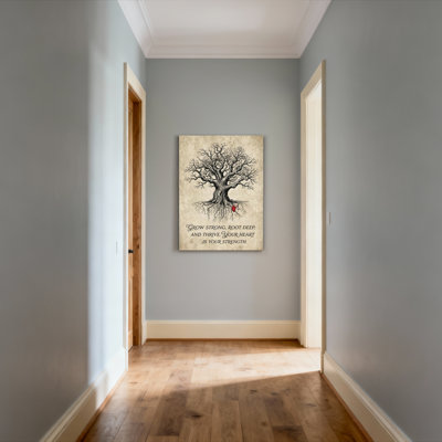 Arbre avec racines et cœur tendu sur toile, impression inspirante de citation pour le bureau à domicile ou le salon