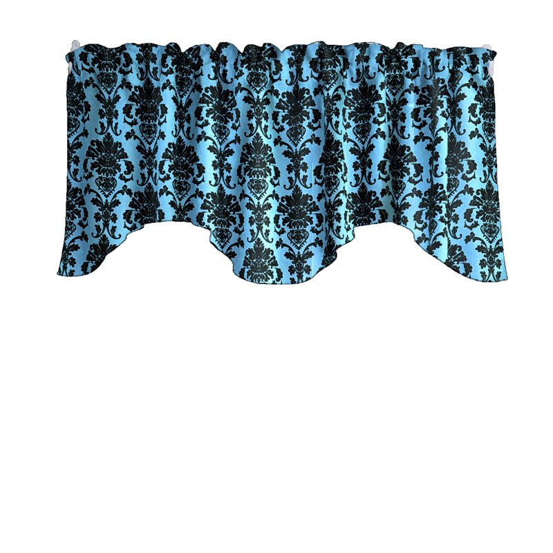 Poplin Damask Floral Scalloped Wave Window Valance 58" Wide, Turquoise