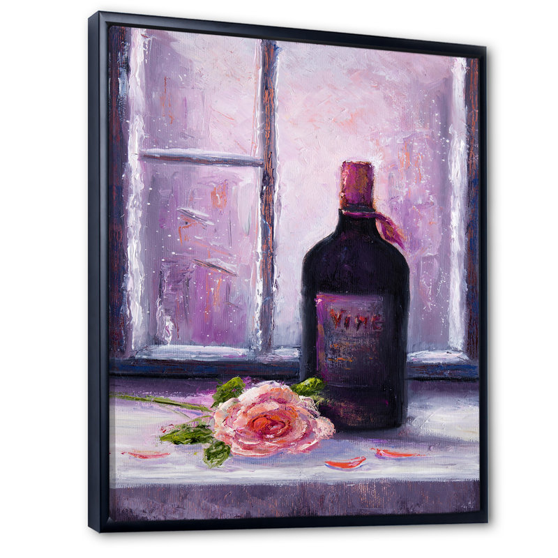 «Red Wine Bottle», peinture sur toile, H 20 po x l 12 po x P 1 po, Cadre flottant noir