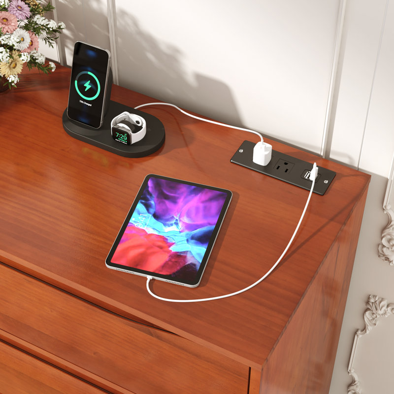 Commode en bois massif de 140 cm avec 7 tiroirs, 2 prises Ã©lectriques et 2 ports USB, Brun miel