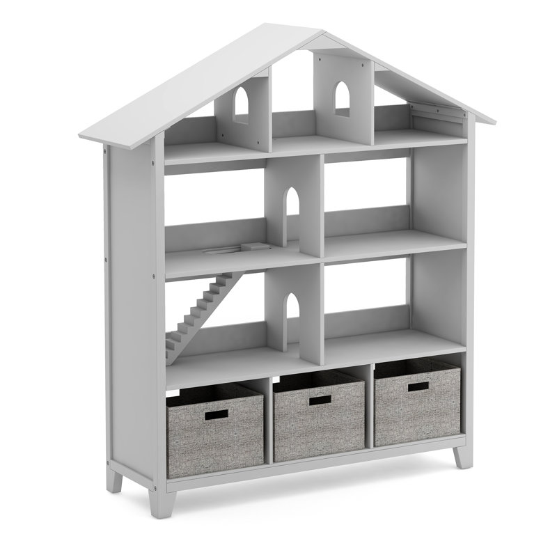 Gray Wooden Kids' Dollhouse Bookcase with Storage Bins