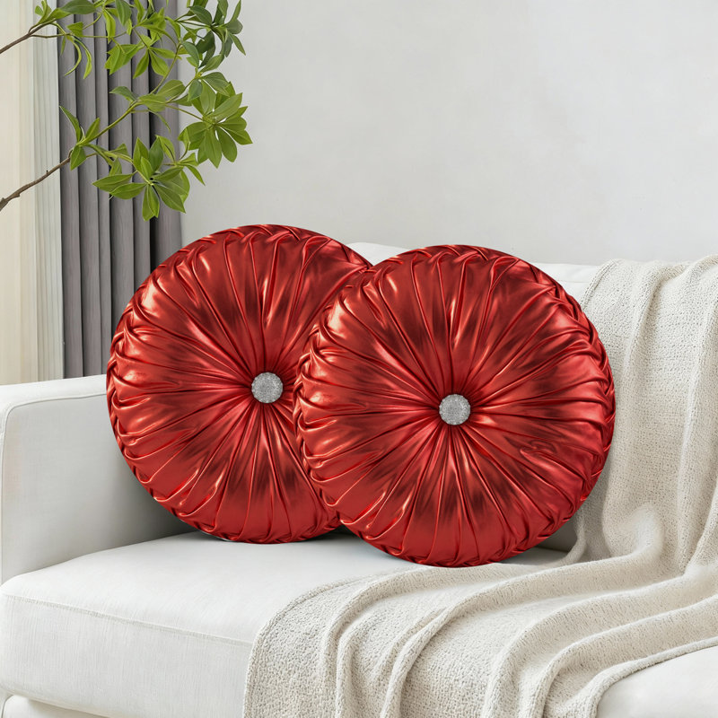Set Of 2 Round Ruched Throw Pillows For Bedroom Living Room Couch Car Chair Decoration, Red
