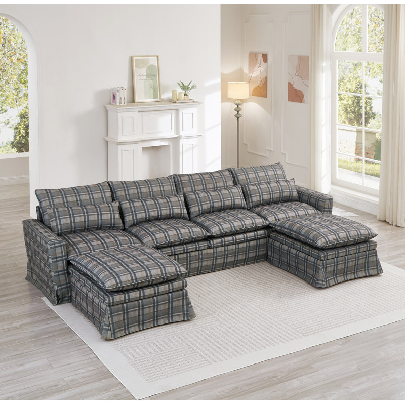 Benita Modular U-Shaped Sectional Sofa With Removable Covers, Gray Plaid Fabric