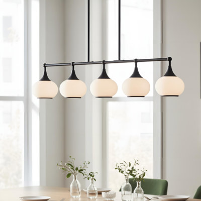 5-Light Linear Chandelier In Brushed Brass With Opal Glass Shades