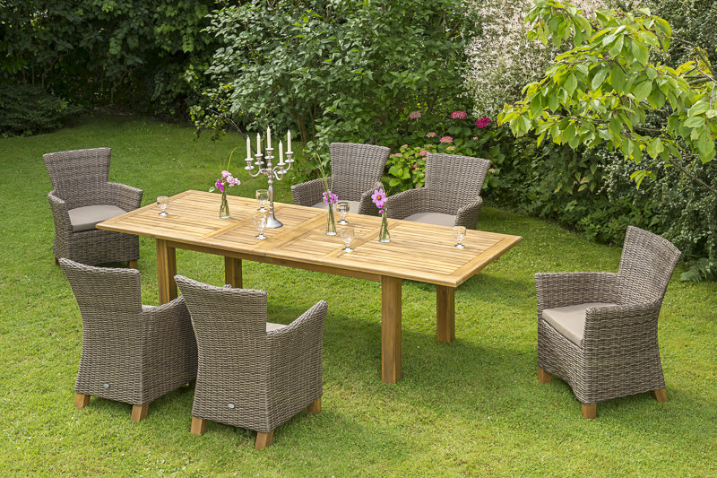 Irby 6 - Person Acacia Wood Patio Dining Set with Extendable Rectangular Table , Cushions Included, Natural