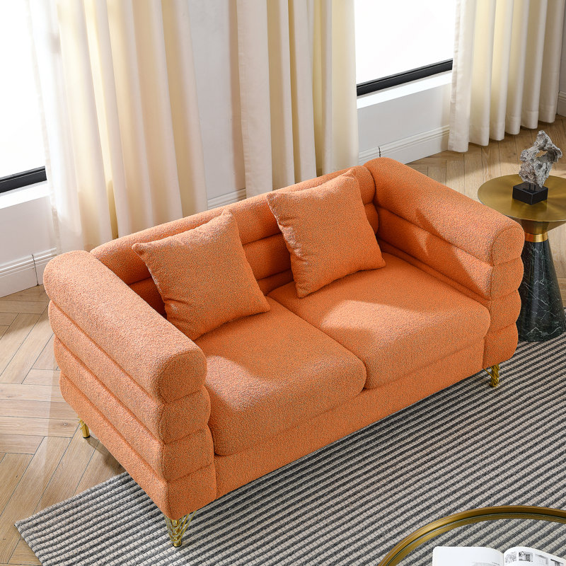 60Inch Oversized 2 Seater Sectional Sofa, Living Room Comfort Fabric Sectional Sofa-Deep Seating Sectional Sofa, Soft Sitting With 2 Pillows For Living Room,Bedroom,Office,Orange Teddy(W834S00031)