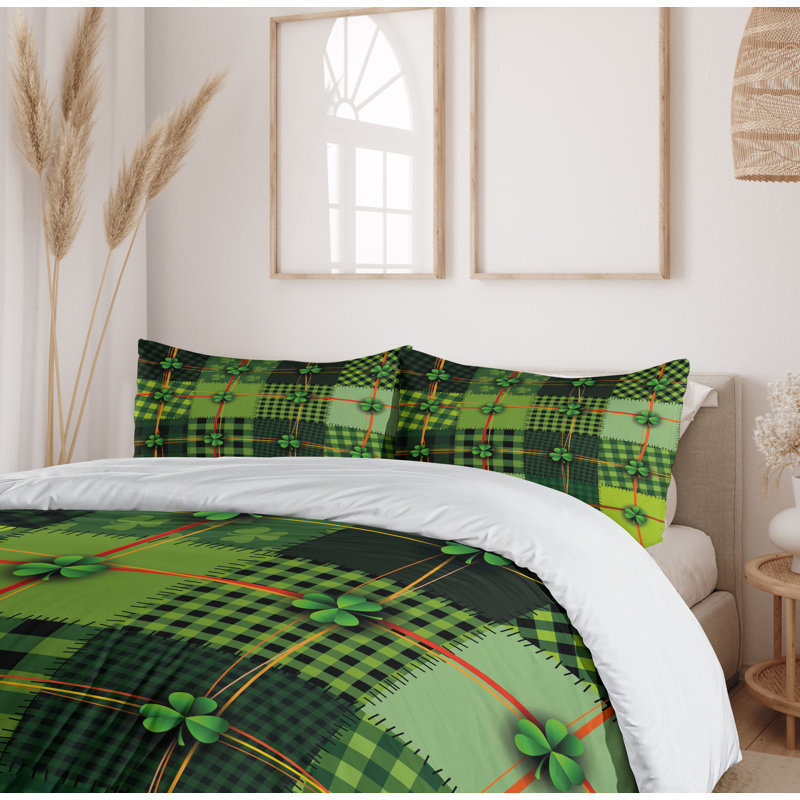 Twin Green Patchwork Style Duvet Cover Set with Clovers