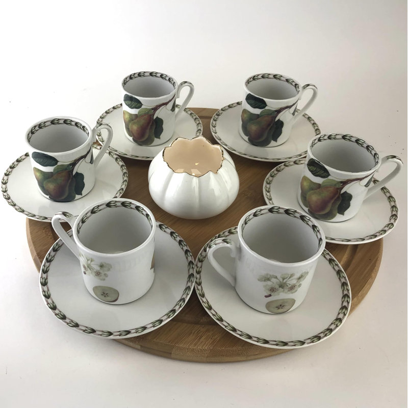 Victoria Bella, ensemble de 6 tasses à café en porcelaine tendre et soucoupes dans le motif de fruits Hookers montrant une poire