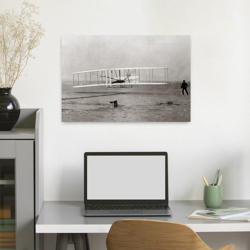 1903 Wright Brothers' Plane Taking Off At Kitty Hawk North Carolina Usa Contemporary Wall Art, 16" H x 24" W