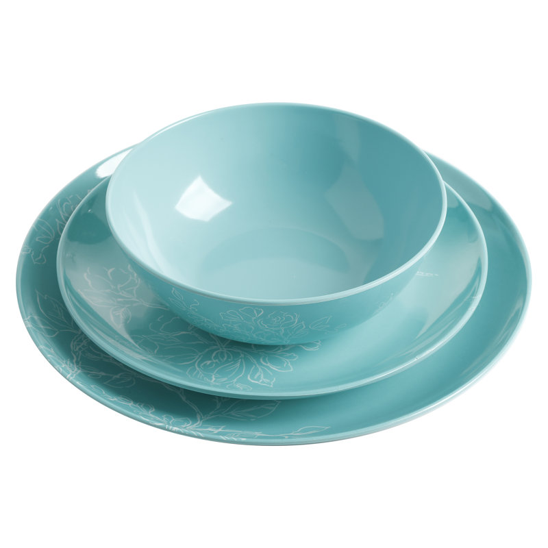 Teal Floral Melamine Round Dinnerware Set, Service for 4