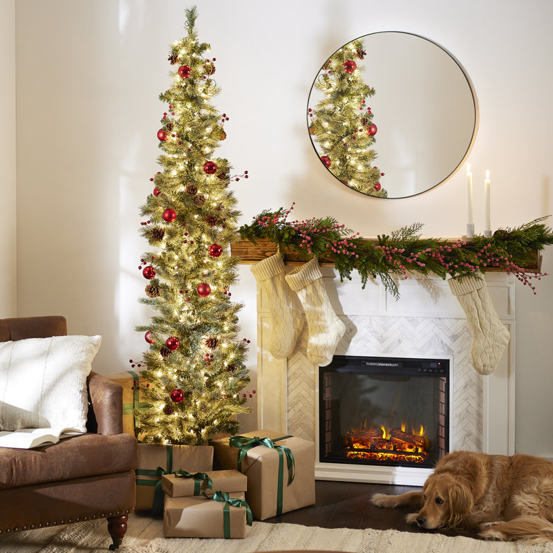 Home Heritage 9 Foot Pre-Lit Artificial Stanley Pencil Christmas Tree With Stand